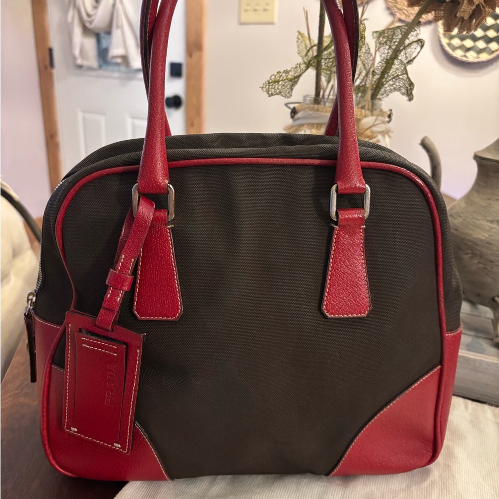 Prada Red and Brown Leather & Canvas Satchel 100% Authentic - Picture 2 of 15